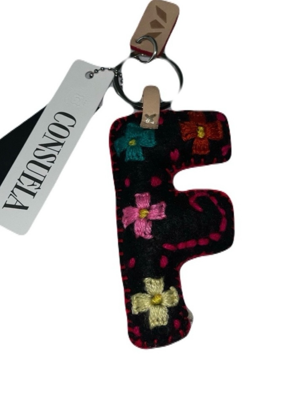 Consuela Black Felt Letter F Keychain Charm with Multicolor Flowers